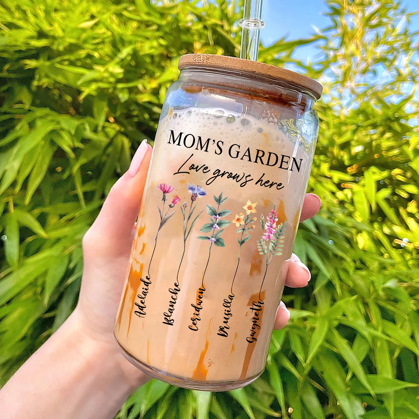 Personalized Mom's Garden, Custom Birth Month Flower Family Love Grows Here Clear Glass Can