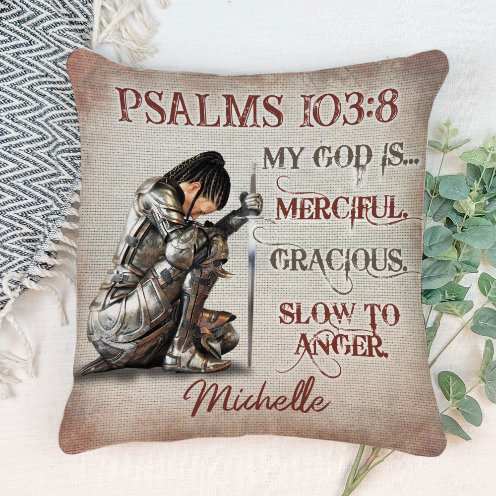 Personalized Woman Warrior My God Is Merciful And Gracious Slow To Anger Psalms 103:8 Canvas Throw Pillow