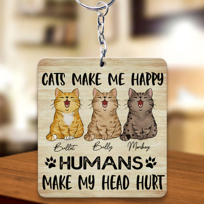 Personalized Cats Make Me happy Humans Make My Head Hurt Wooden Keychain