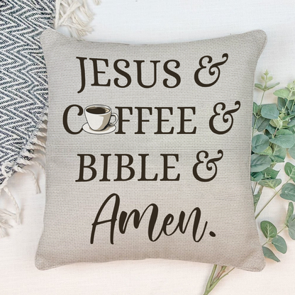 Jesus Coffee Bible Amen Canvas Throw Pillow