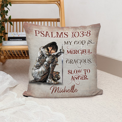 Personalized Woman Warrior My God Is Merciful And Gracious Slow To Anger Psalms 103:8 Canvas Throw Pillow