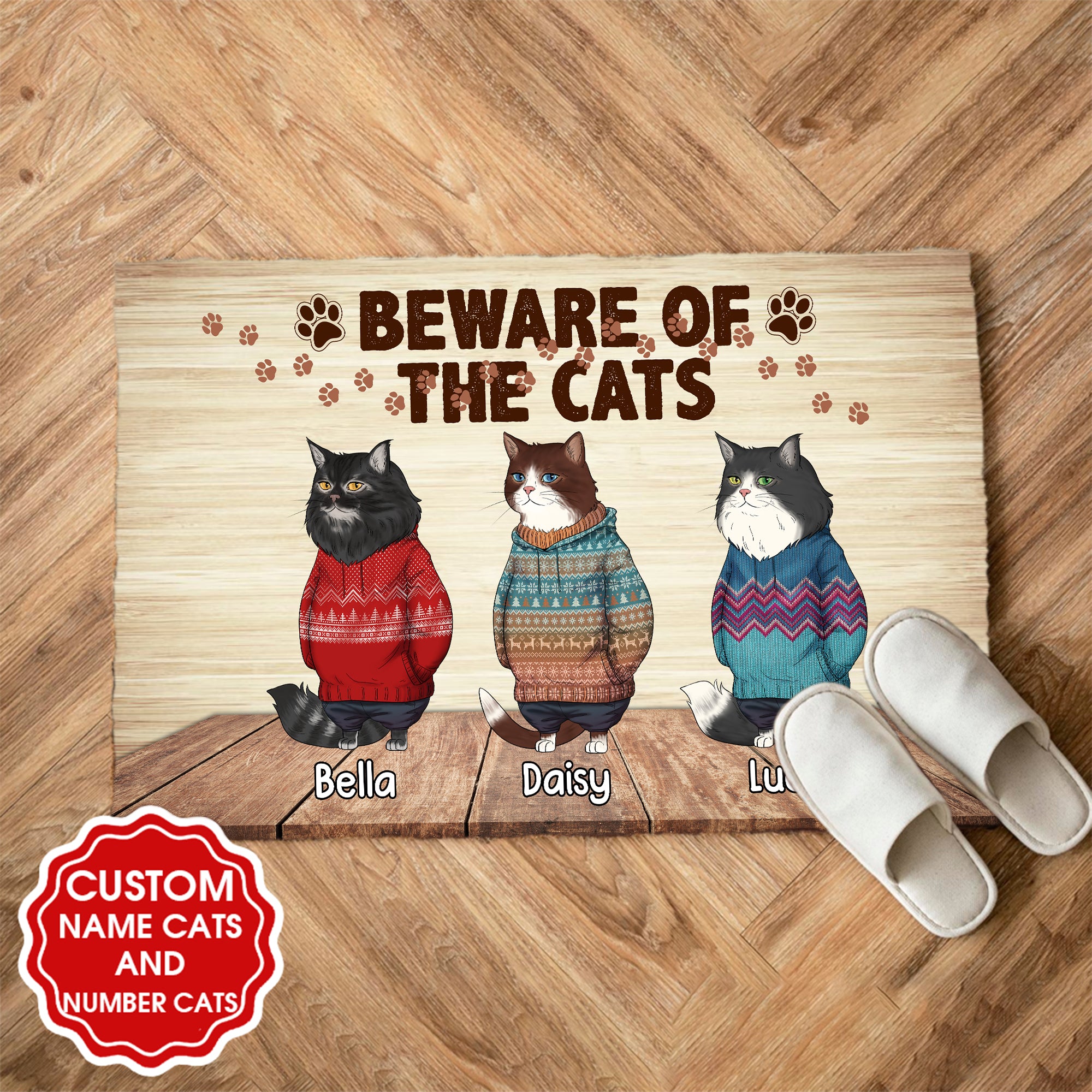 Personalized Beware Of The Cat Christmas Doormat