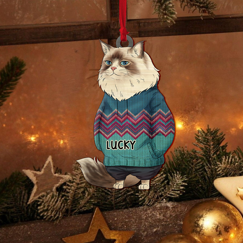 Personalized Funny Cat Hanging Christmas Tree Wooden Ornament