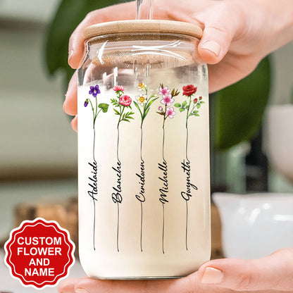 Personalized Family Birth Month Flowers, Grandma's Garden Clear Glass Can