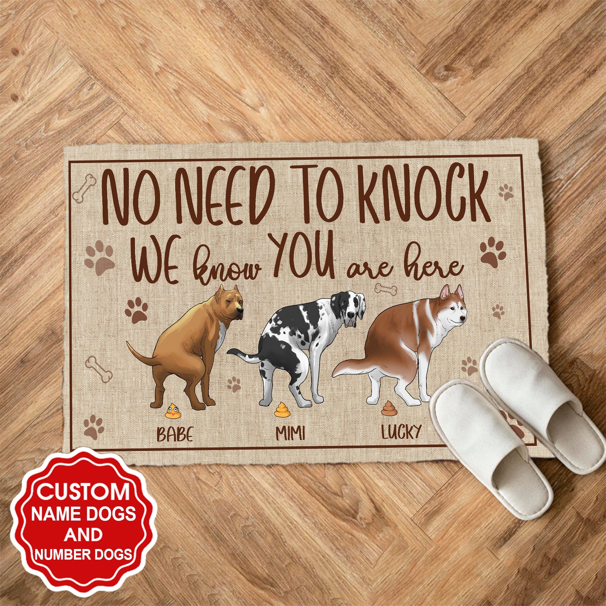 Personalized Funny Pooping Dog, No Need To Knock We Know You're Here Doormat