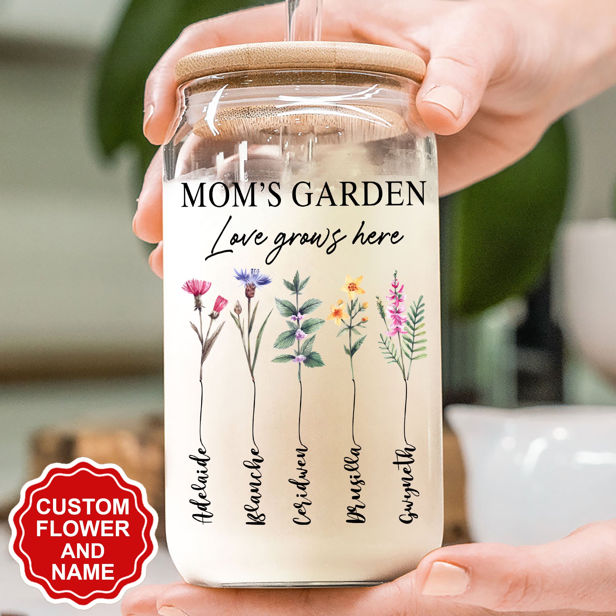 Personalized Mom's Garden, Custom Birth Month Flower Family Love Grows Here Clear Glass Can