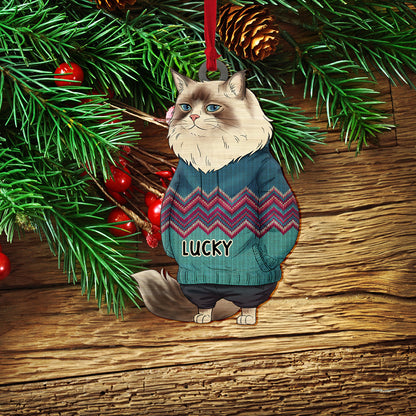 Personalized Funny Cat Hanging Christmas Tree Wooden Ornament