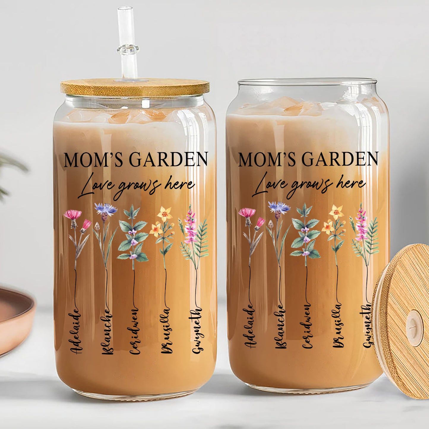 Personalized Mom's Garden, Custom Birth Month Flower Family Love Grows Here Clear Glass Can