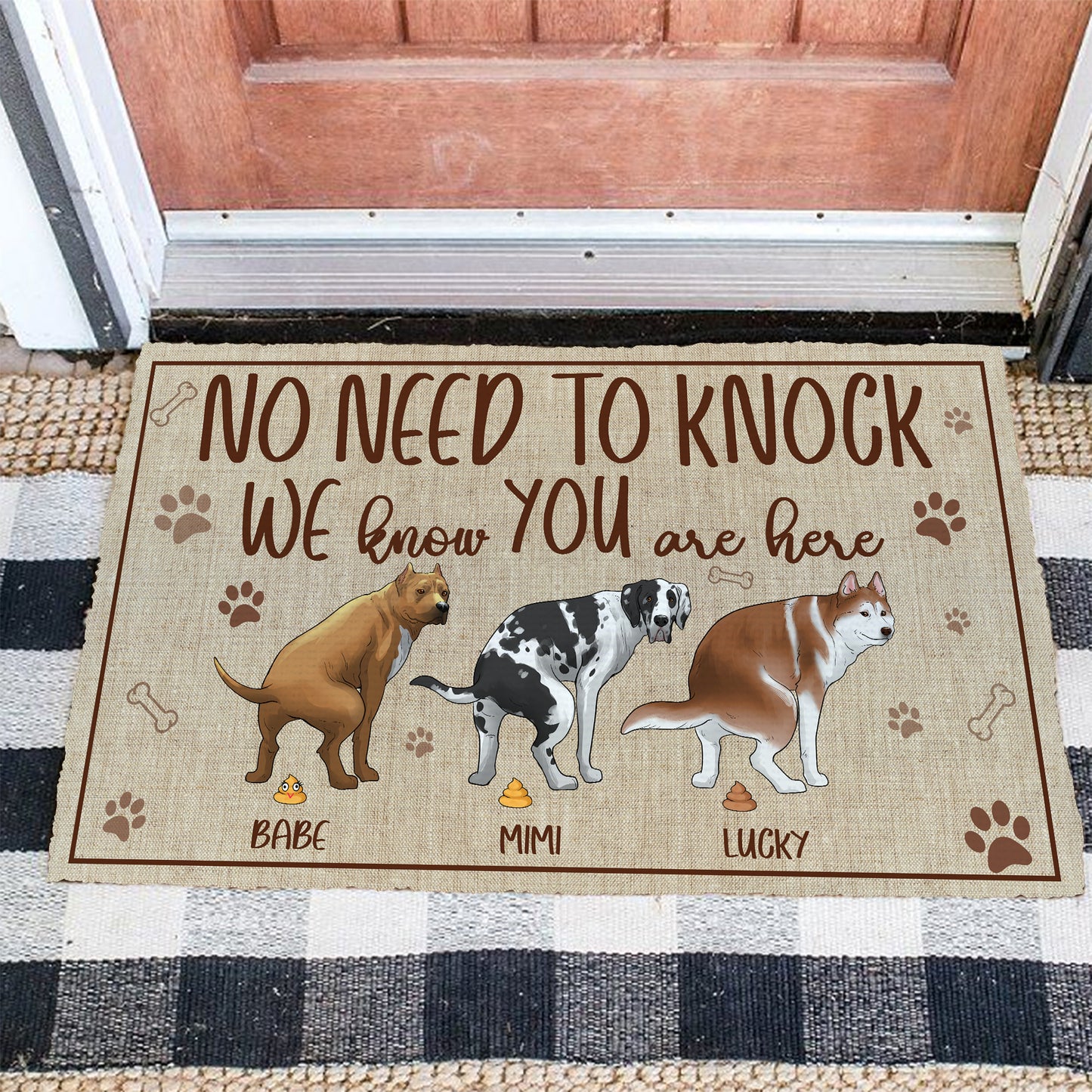 Personalized Funny Pooping Dog, No Need To Knock We Know You're Here Doormat