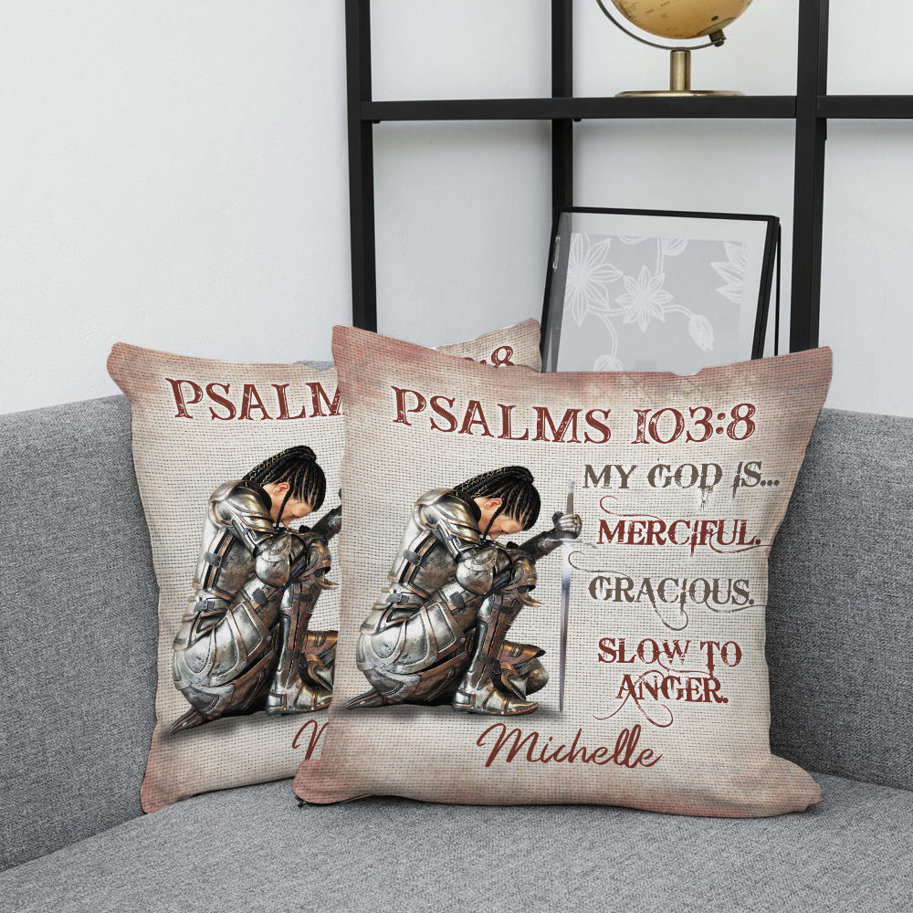 Personalized Woman Warrior My God Is Merciful And Gracious Slow To Anger Psalms 103:8 Canvas Throw Pillow