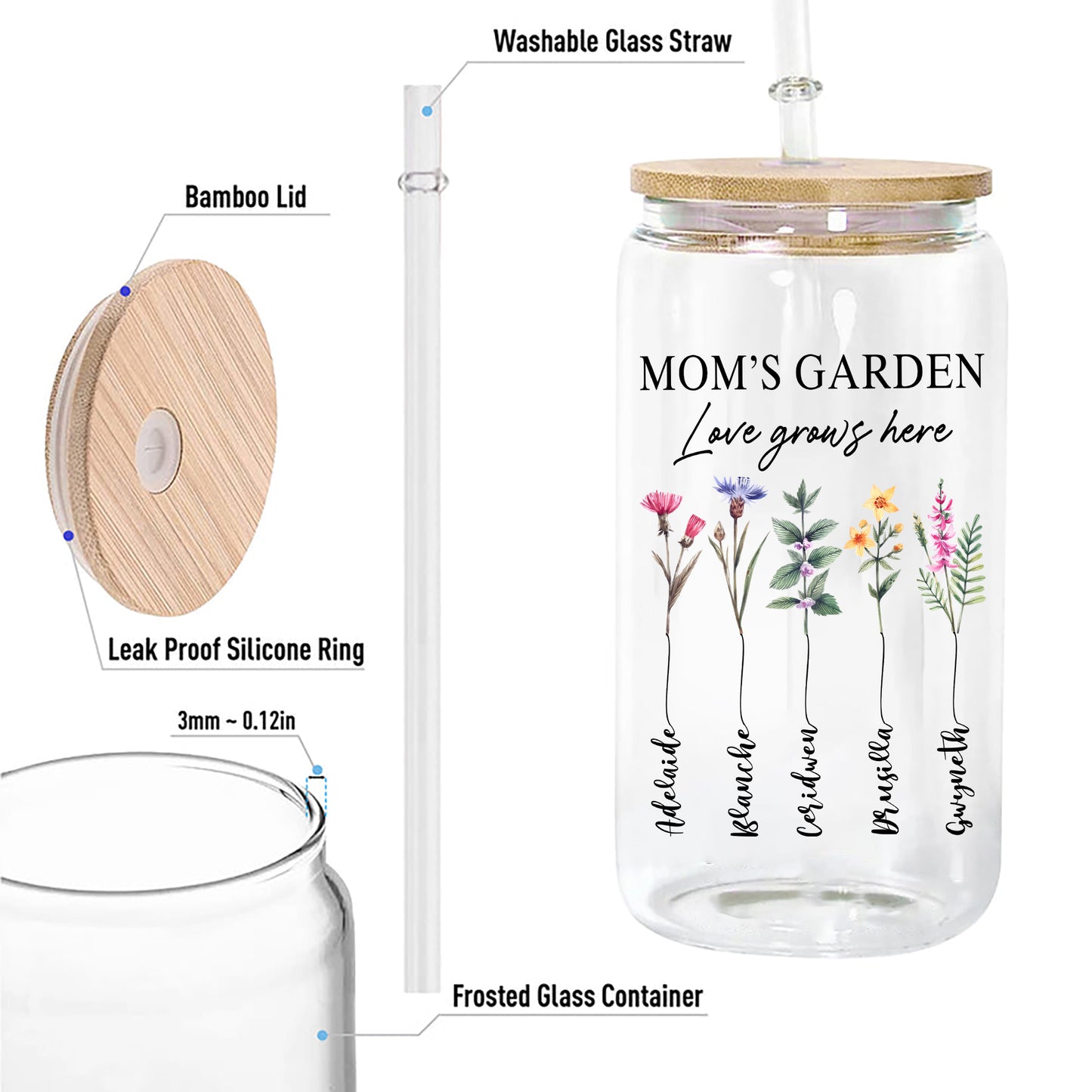 Personalized Mom's Garden, Custom Birth Month Flower Family Love Grows Here Clear Glass Can