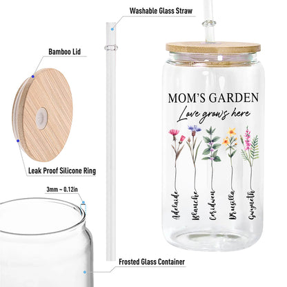 Personalized Mom's Garden, Custom Birth Month Flower Family Love Grows Here Clear Glass Can