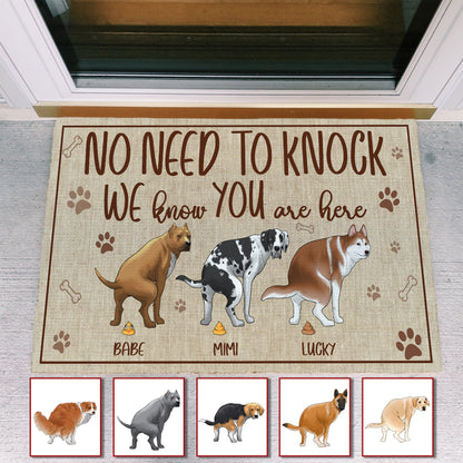 Personalized Funny Pooping Dog, No Need To Knock We Know You're Here Doormat