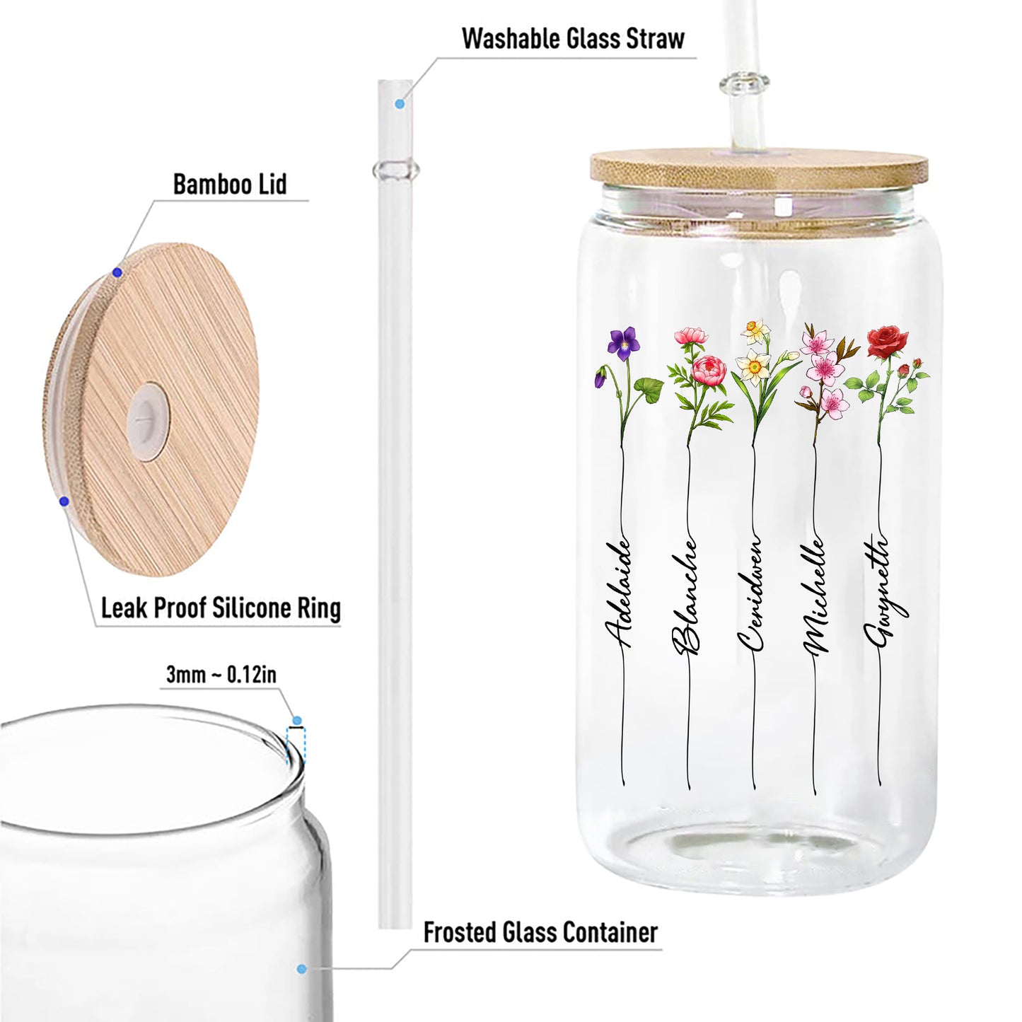 Personalized Family Birth Month Flowers, Grandma's Garden Clear Glass Can