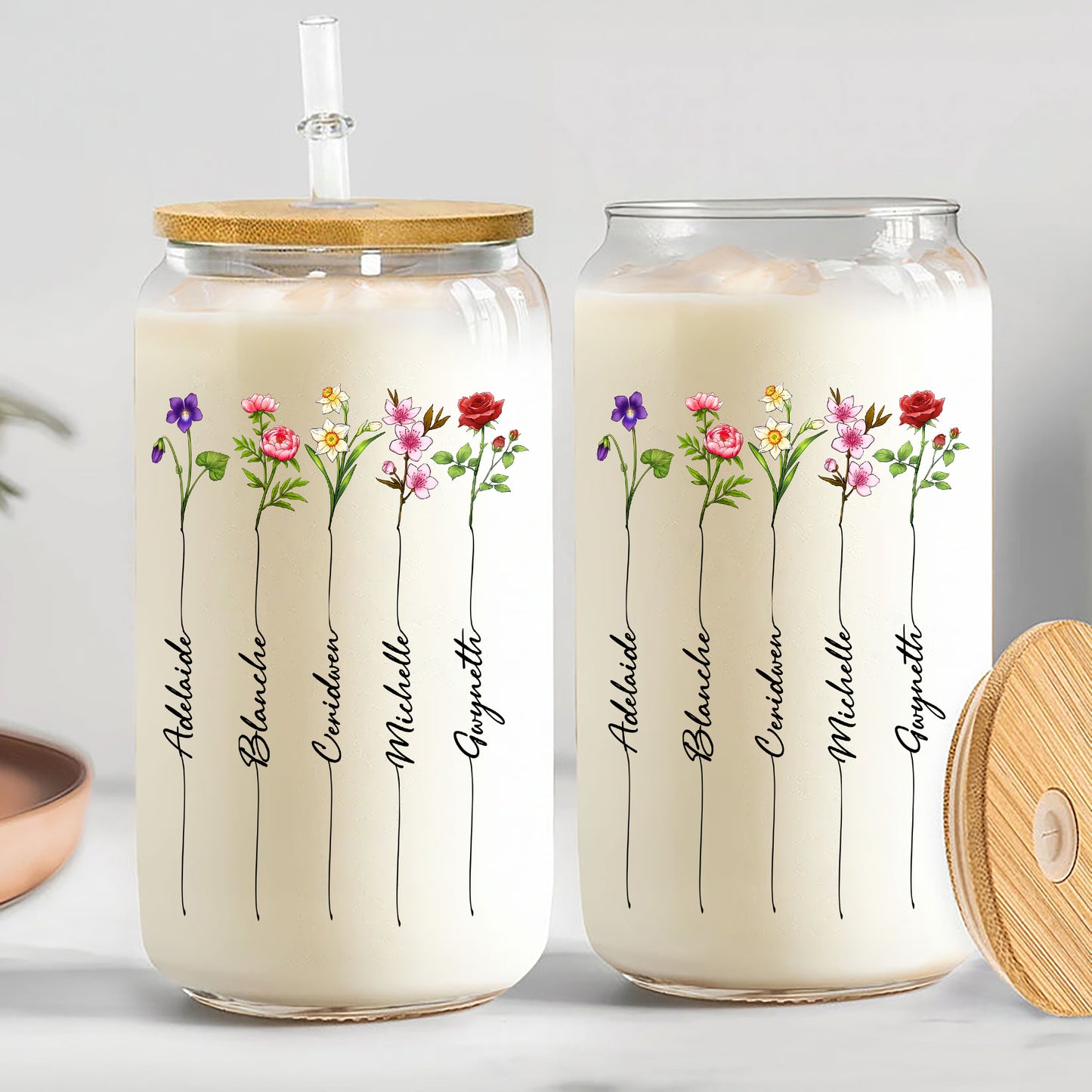 Personalized Family Birth Month Flowers, Grandma's Garden Clear Glass Can