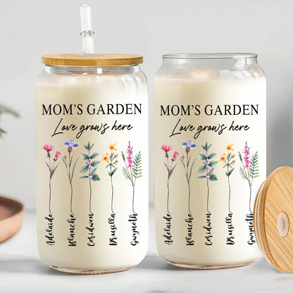 Personalized Mom's Garden, Custom Birth Month Flower Family Love Grows Here Clear Glass Can