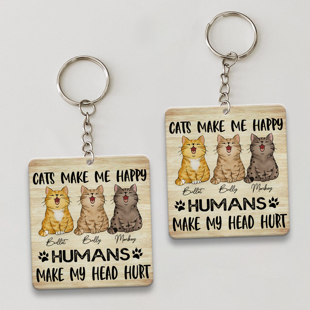 Personalized Cats Make Me happy Humans Make My Head Hurt Wooden Keychain