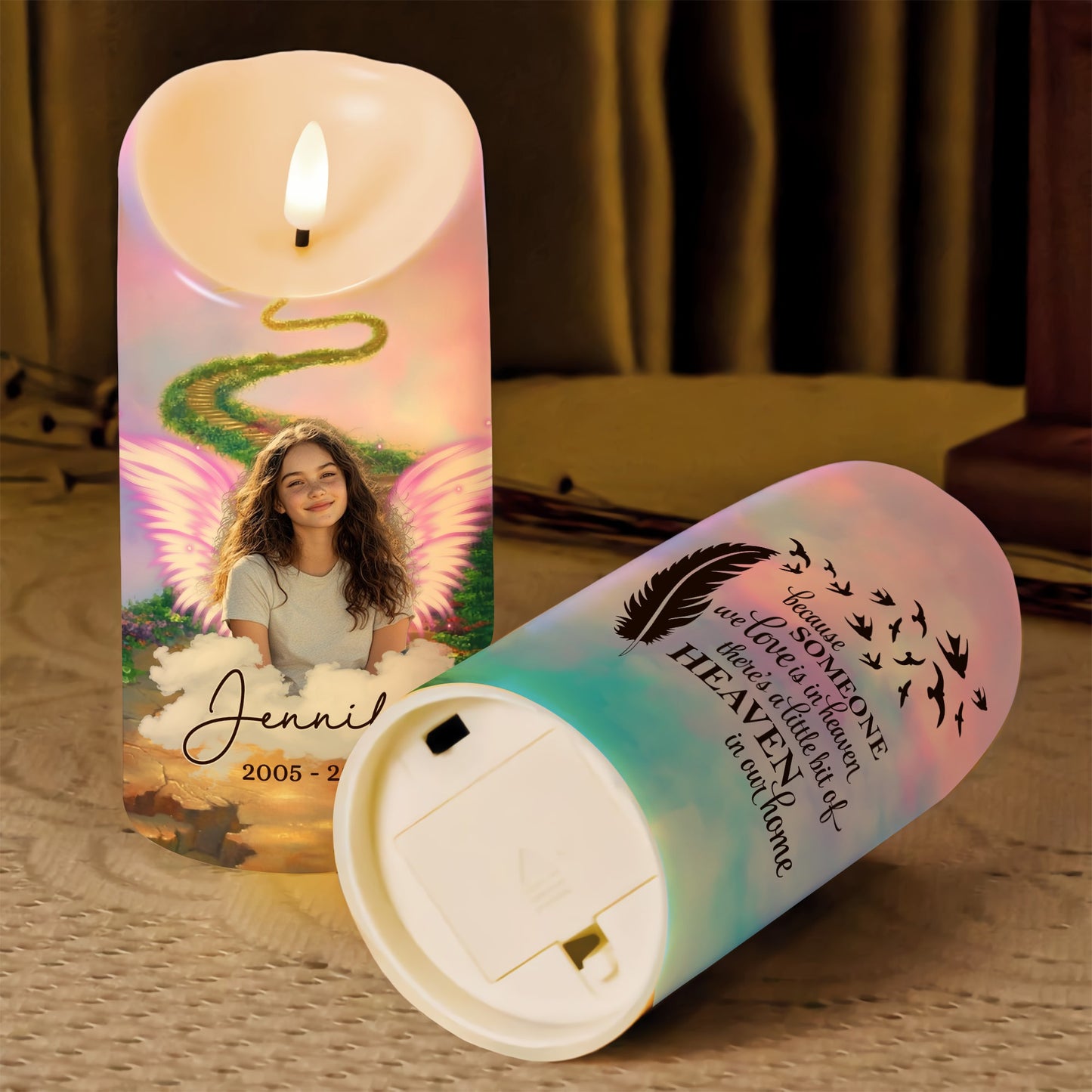 Because Someone We Love Is In Heaven - Memorial Photo Gifts for Family Members - Personalized Sympathy Gift Led Candle