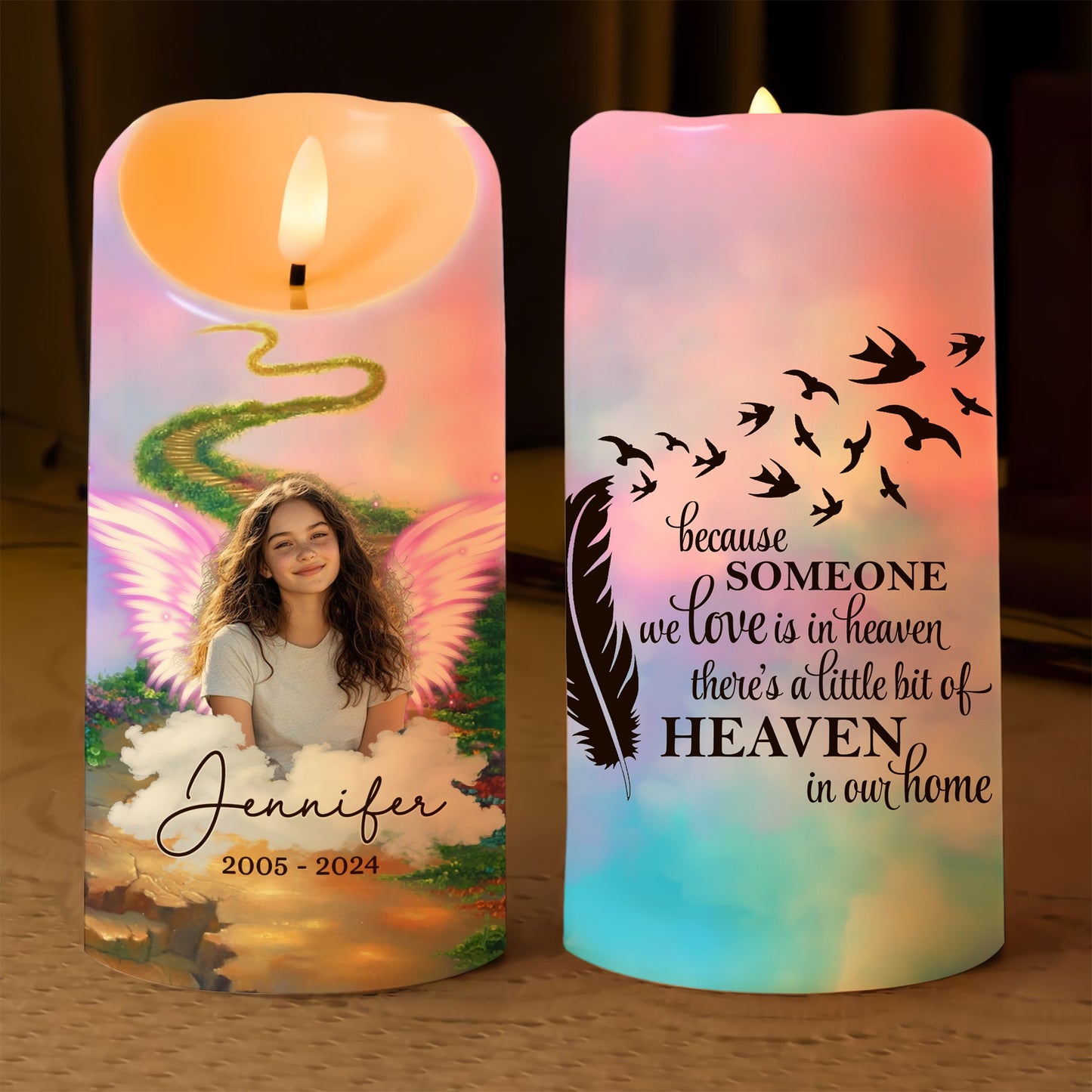 Because Someone We Love Is In Heaven - Memorial Photo Gifts for Family Members - Personalized Sympathy Gift Led Candle