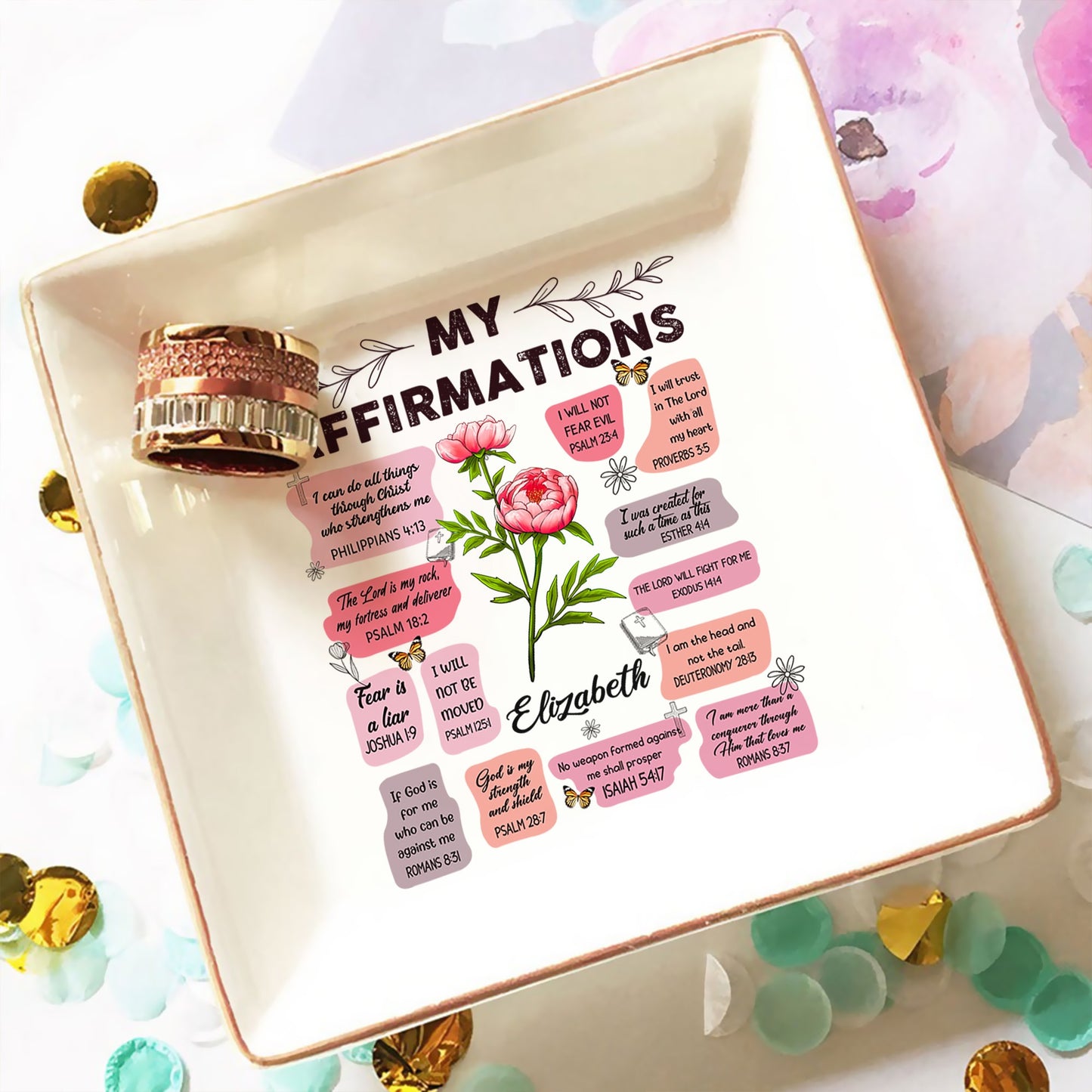 Birth Month Flower Christian Bible Verse Affirmation I Can Do All Things Through Christ Personalized Jewelry Dish