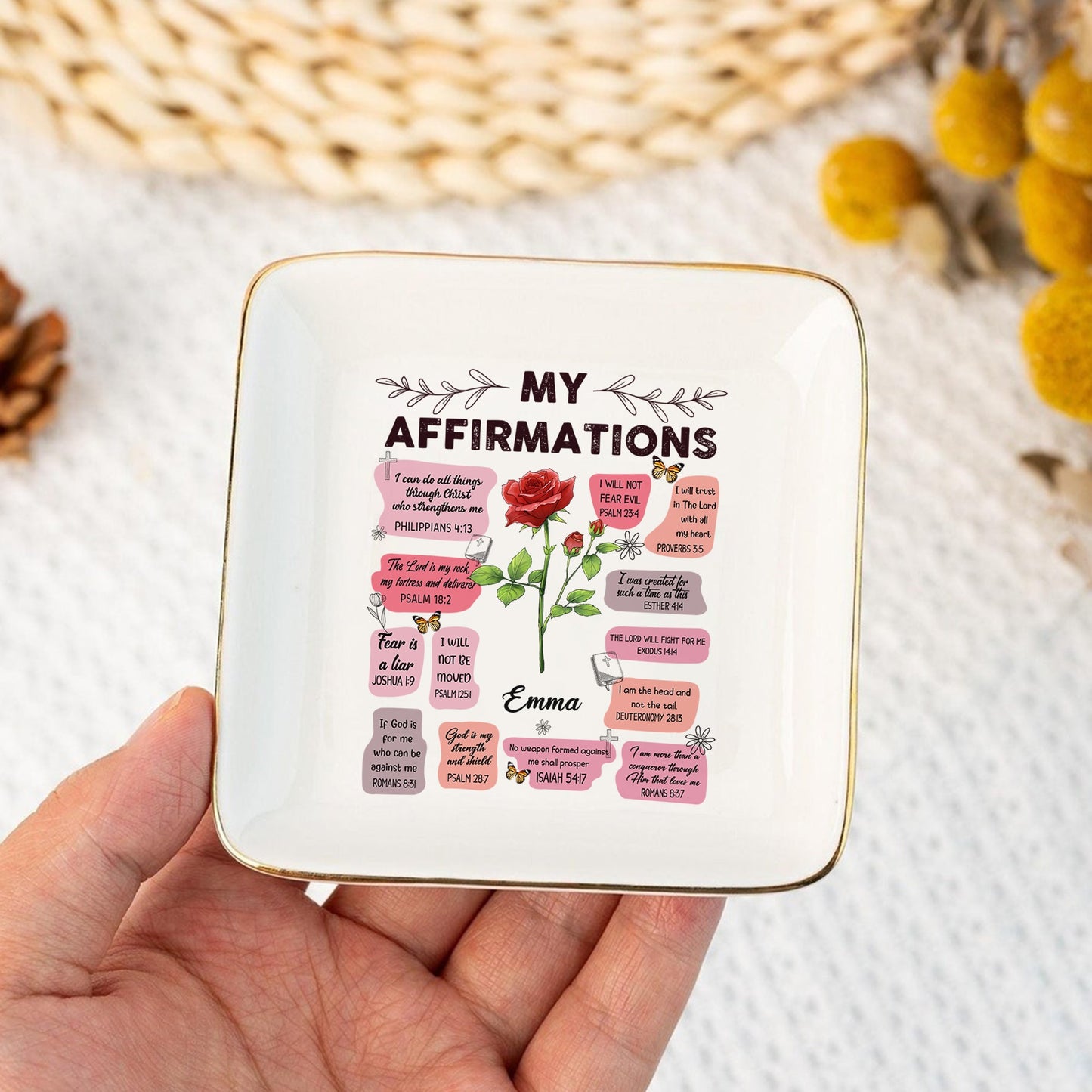 Birth Month Flower Christian Bible Verse Affirmation I Can Do All Things Through Christ Personalized Jewelry Dish