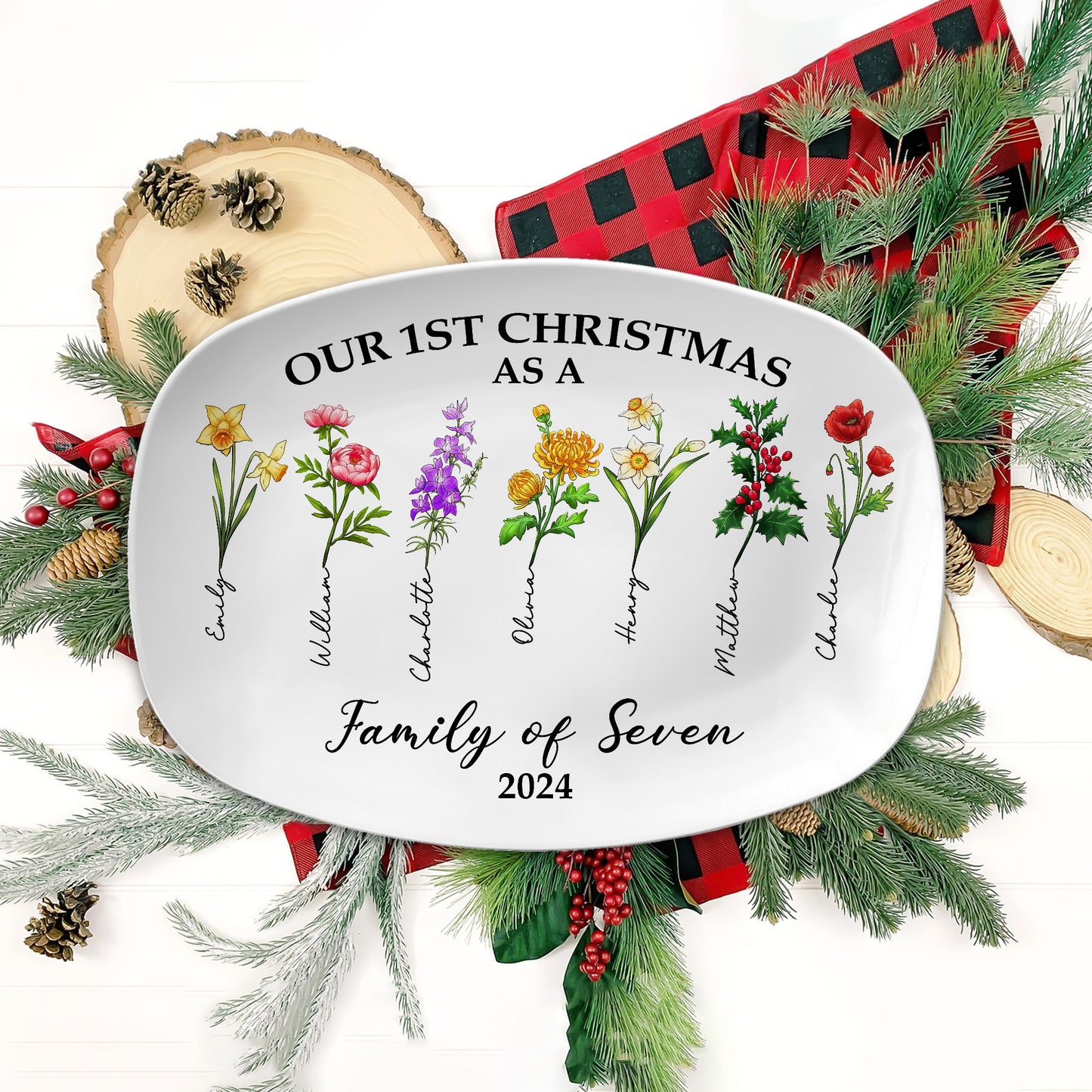 Birth Month Flower Our First Christmas As A Family 2024 - Personalized Platter