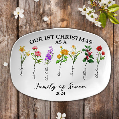 Birth Month Flower Our First Christmas As A Family 2024 - Personalized Platter