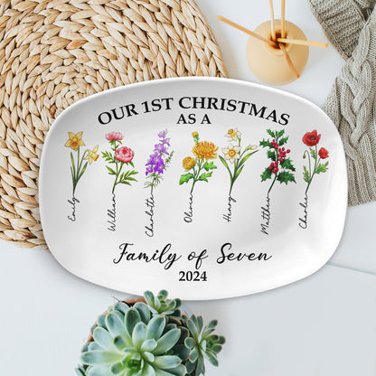 Birth Month Flower Our First Christmas As A Family 2024 - Personalized Platter