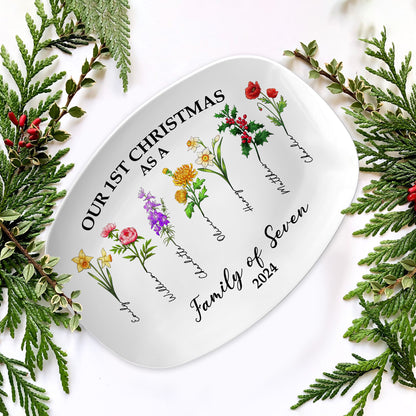 Birth Month Flower Our First Christmas As A Family 2024 - Personalized Platter