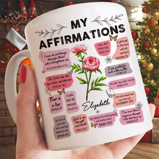 Birth Month Flower, Bible Verse Affirmation I Can Do All Things Through Christ - Personalized Christian White Mug