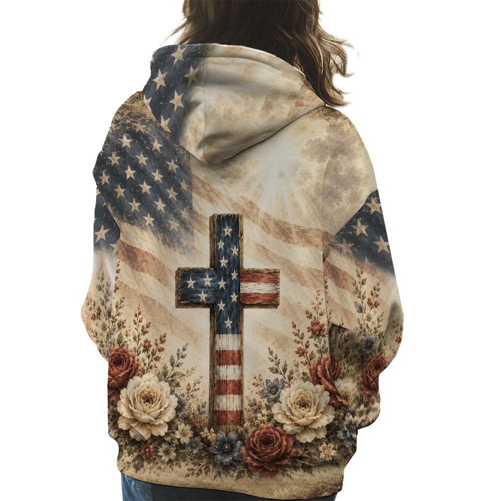 Blessed Is The Nation Whose God Is The Lord Christian Patriotic American Flag Cross 3D All Over Print T-Shirt And Hoodie
