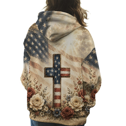 Blessed Is The Nation Whose God Is The Lord Christian Patriotic American Flag Cross 3D All Over Print T-Shirt And Hoodie