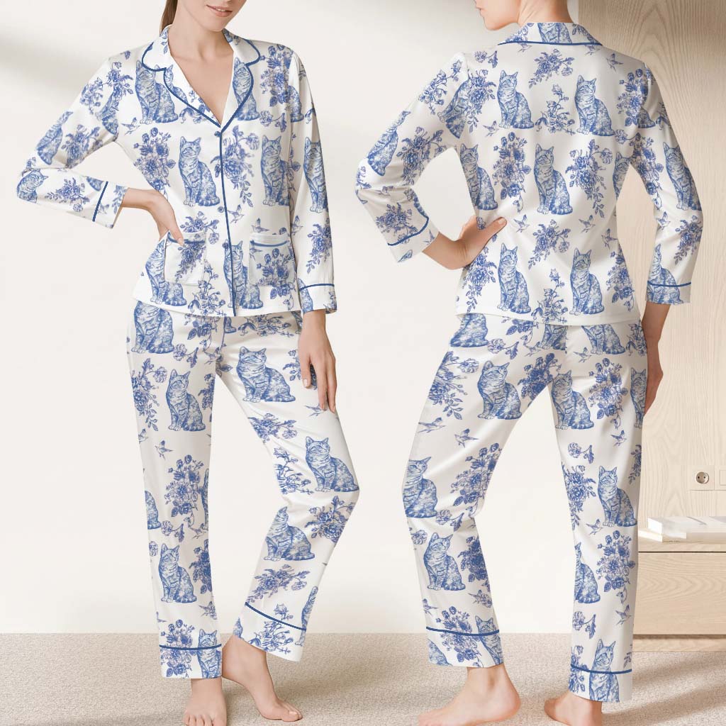 Cat Lover Toile de Jouy Floral French Style Piping Pajama Set with Double Pockets