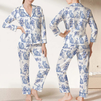 Cat Lover Toile de Jouy Floral French Style Piping Pajama Set with Double Pockets