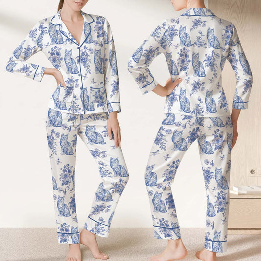 Cat Lover Toile de Jouy Floral French Style Piping Pajama Set with Double Pockets