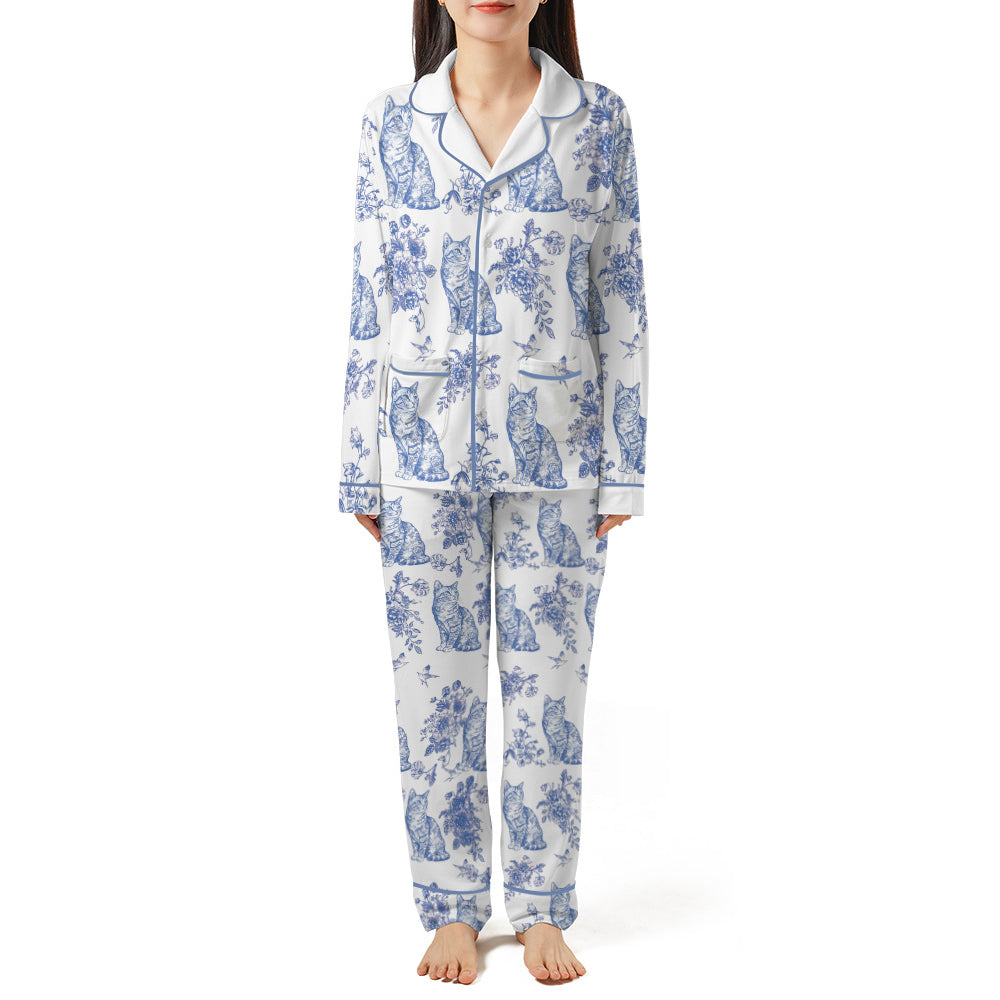 Cat Lover Toile de Jouy Floral French Style Piping Pajama Set with Double Pockets
