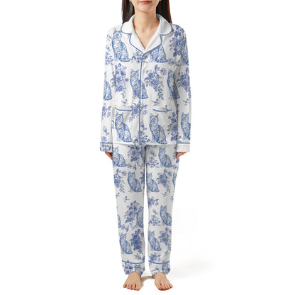 Cat Lover Toile de Jouy Floral French Style Piping Pajama Set with Double Pockets