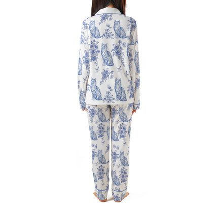 Cat Lover Toile de Jouy Floral French Style Piping Pajama Set with Double Pockets