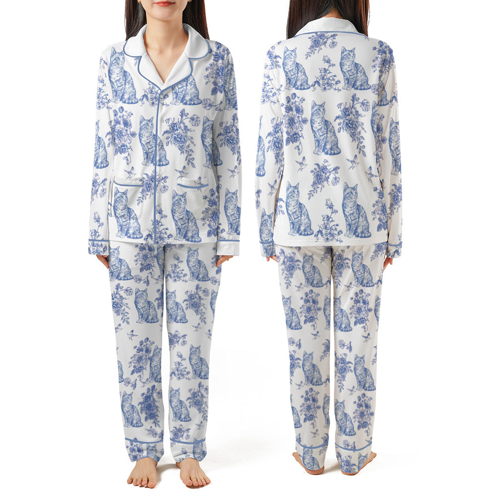 Cat Lover Toile de Jouy Floral French Style Piping Pajama Set with Double Pockets
