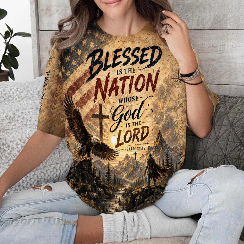 Blessed Is The Nation Whose God Is The Lord Psalm 33:12 Christian American Flag 3D All Over Print T-Shirt And Hoodie
