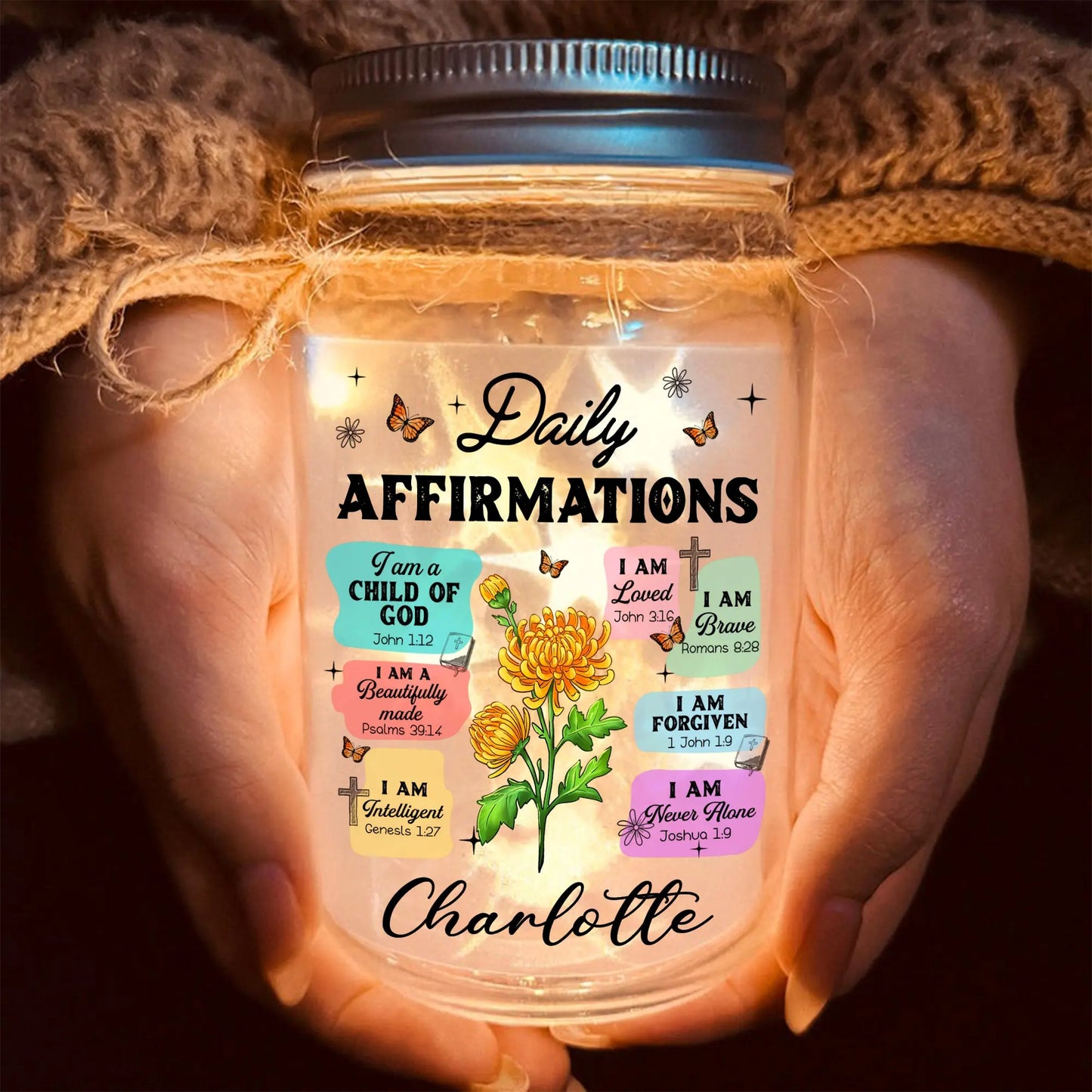 Christian Bible Verse Affirmation I Am A Child Of God - Personalized Birth Month Flower Mason Jar Light