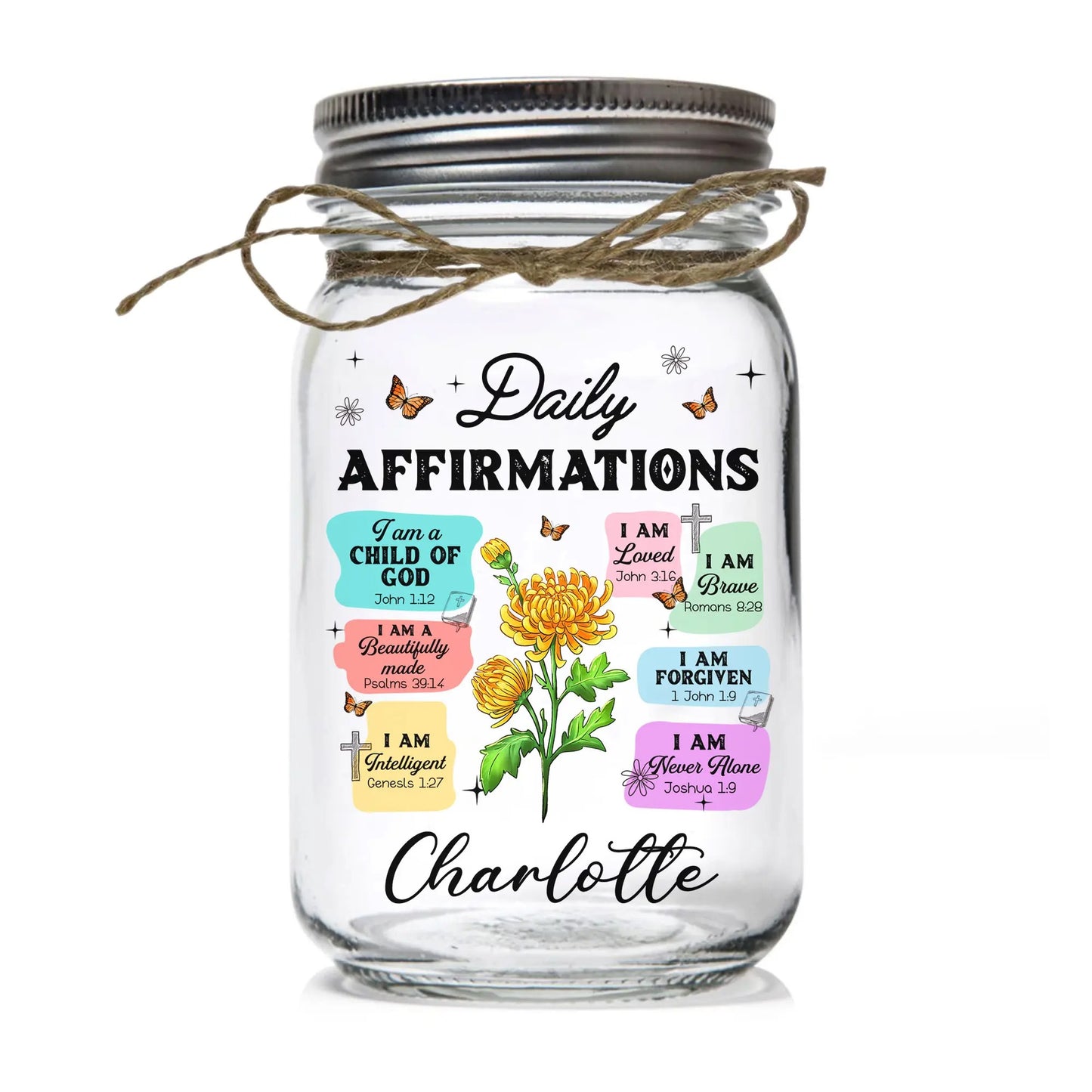 Christian Bible Verse Affirmation I Am A Child Of God - Personalized Birth Month Flower Mason Jar Light