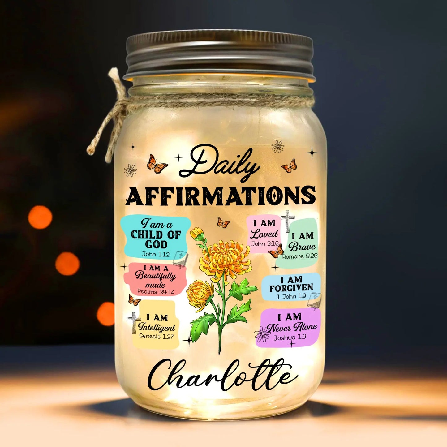 Christian Bible Verse Affirmation I Am A Child Of God - Personalized Birth Month Flower Mason Jar Light