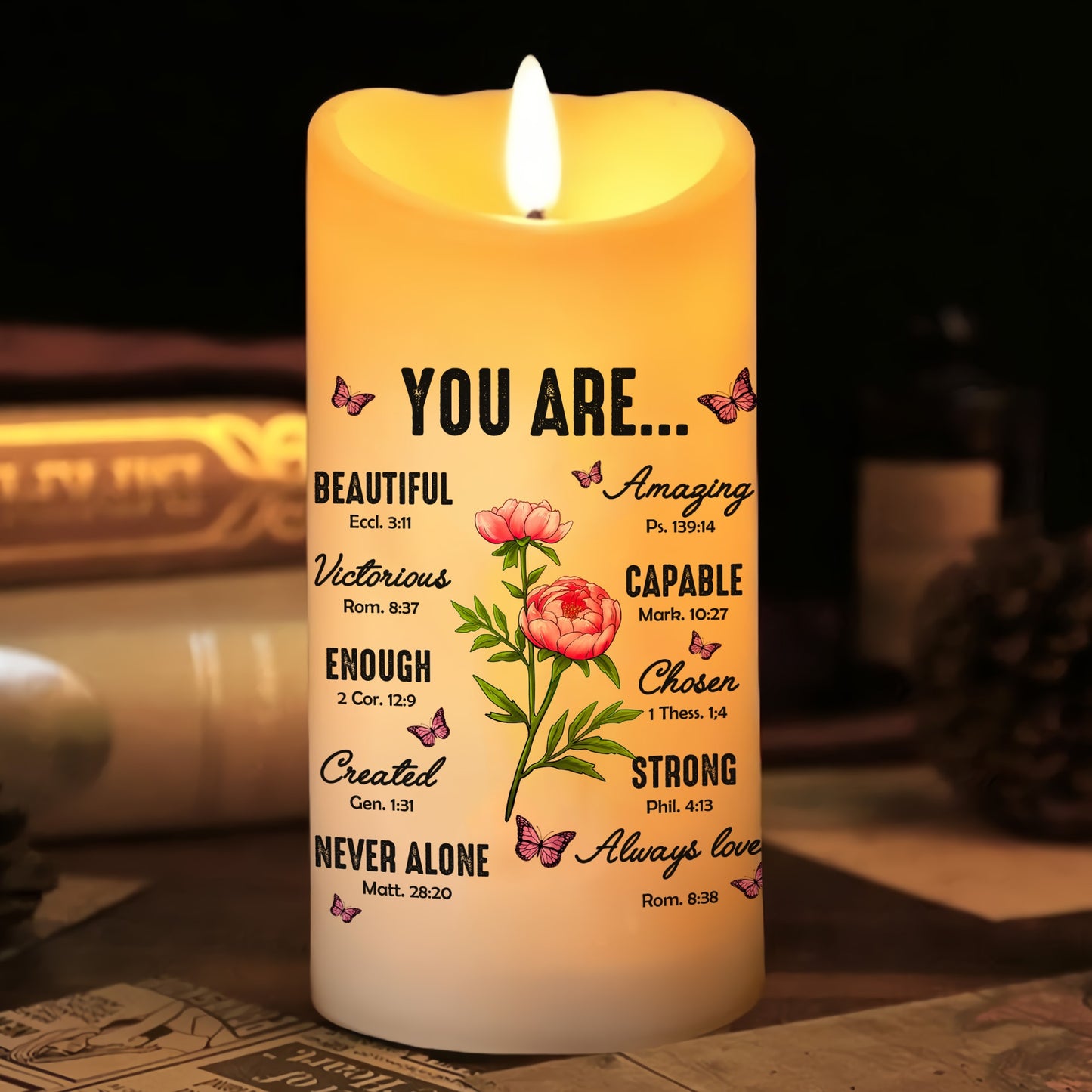 Christian Bible Verse You Are Beautiful Amazing Victorious Capable - Personalized Birth Month Flower Led Candle