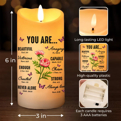 Christian Bible Verse You Are Beautiful Amazing Victorious Capable - Personalized Birth Month Flower Led Candle