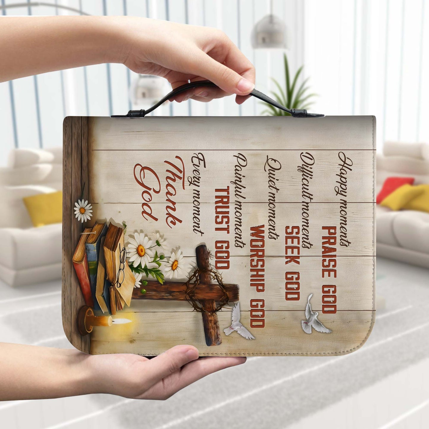 Christian Cross Happy Moments Praise God Difficult Moments Seek God Leather Bible Cover