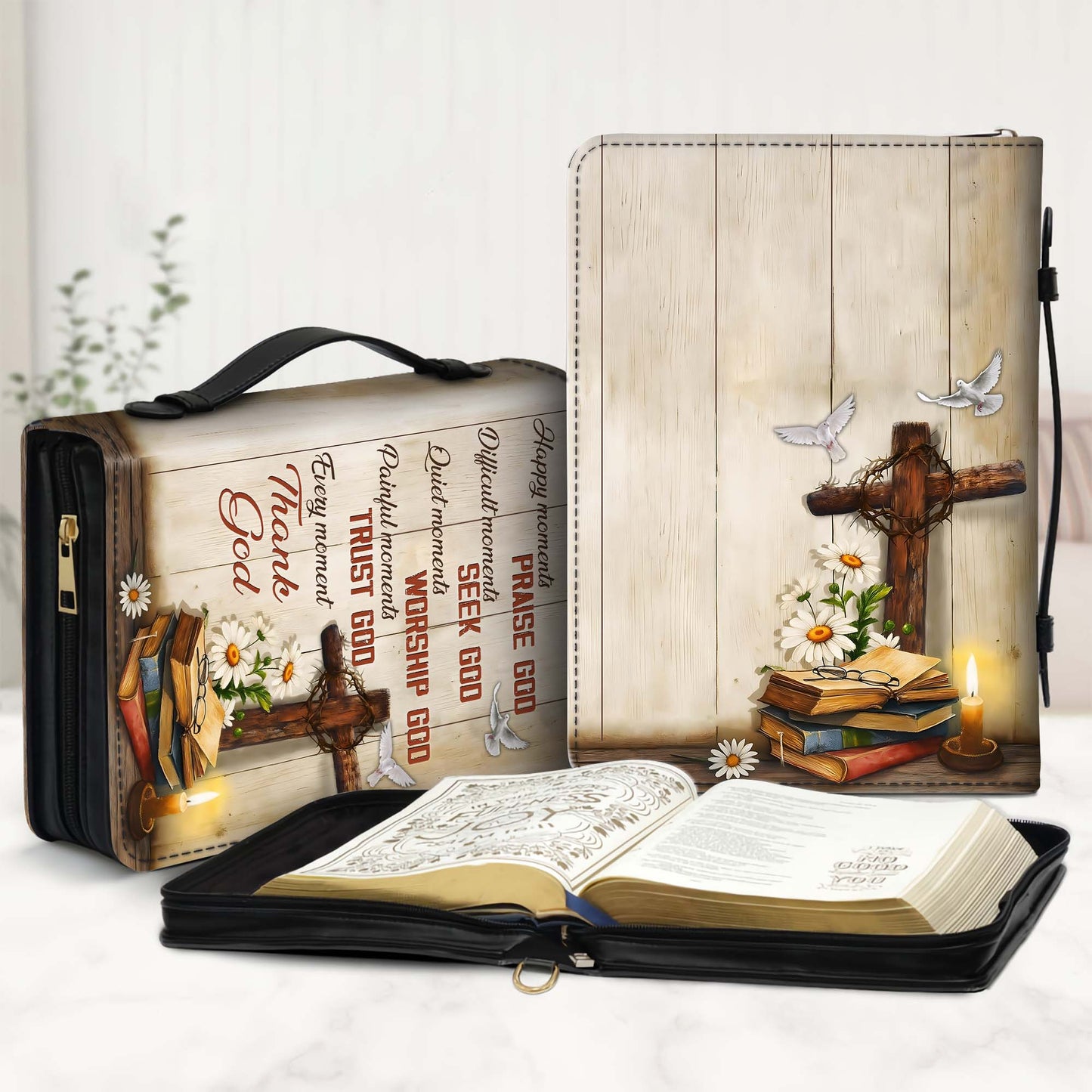 Christian Cross Happy Moments Praise God Difficult Moments Seek God Leather Bible Cover