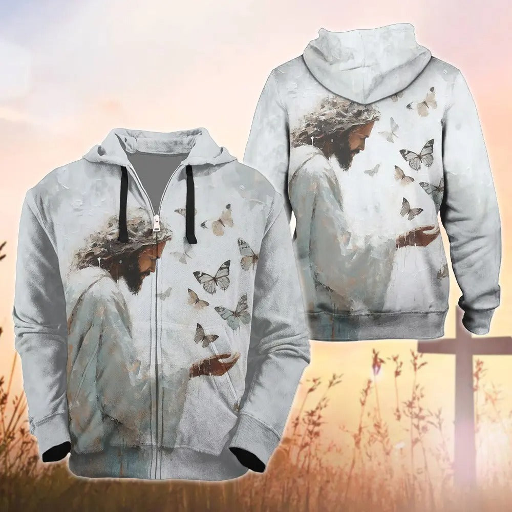 Christian Hoodie, Jesus Christ With Butterfly 3D All Over Print T-Shirt And Hoodie