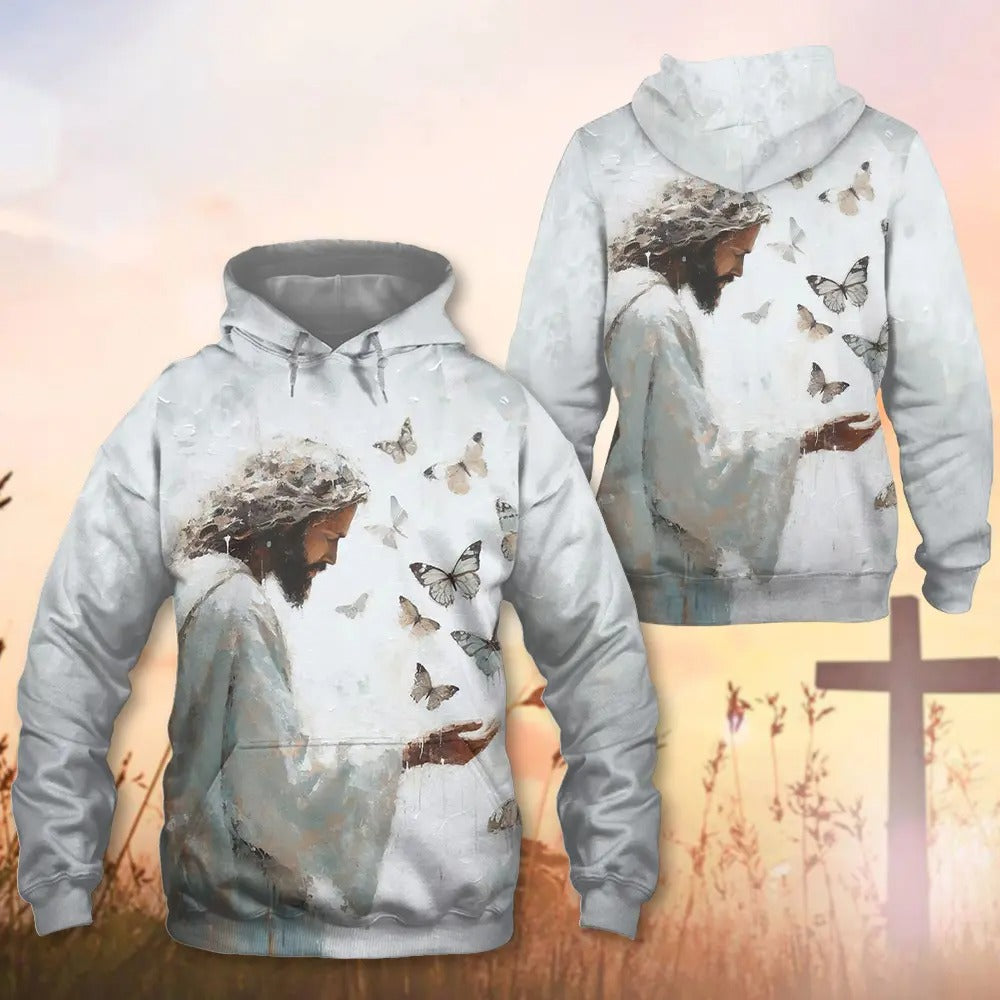 Christian Hoodie, Jesus Christ With Butterfly 3D All Over Print T-Shirt And Hoodie