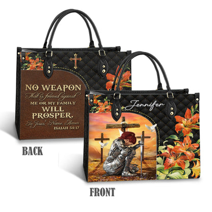 Personalized Woman Warrior No Weapon Formed Against Us Shall Prosper-Isaiah 54:17 Leather Bag